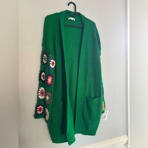 Green Knit Cardigan with granny square sleeves